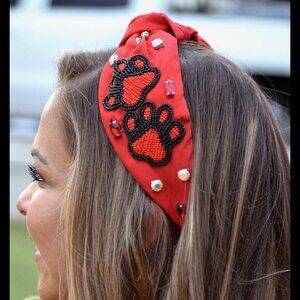 Red Black Beaded Paw Print Football Georgia Bulldogs Colors Headband NEW